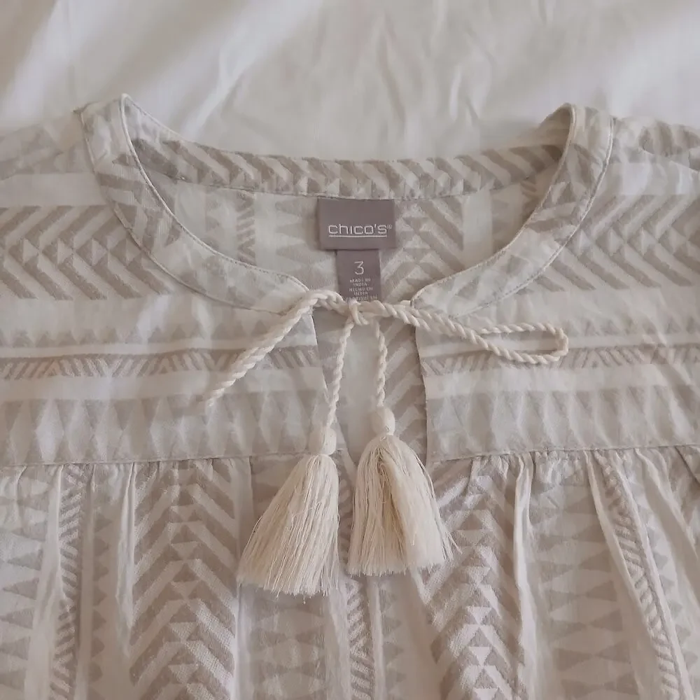 Chico’s Women Plus Size 3 Beige Tassel Tunic Peasant Blouse Long Sleeve Boho Top - Picture 4 of 16